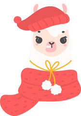 Christmas Llama cartoon illustration, Cute Alpaca with Santa Hat.
