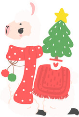 Christmas Llama cartoon illustration, Cute Alpaca with Santa Hat.
