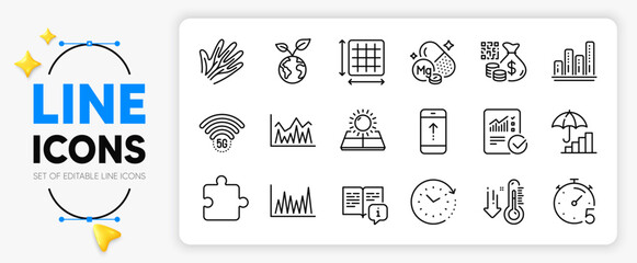 Puzzle, Qr code and Timer line icons set for app include Low thermometer, Investment, Swipe up outline thin icon. Save planet, 5g wifi, Veins pictogram icon. Magnesium mineral. Vector