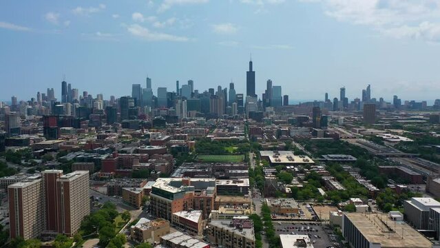 Aerial view over the cityscape of West Loop, sunny, summer day in Chicago, USA