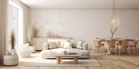Foto op Plexiglas Interior design of modern scandinavian apartment, living room with beige sofa and dining room, panorama 3d rendering, Generative AI © Focal Imaging