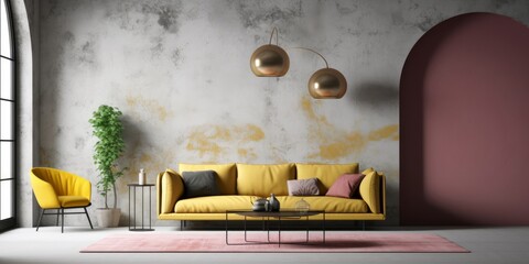 Modern interior of living room with yellow sofa, concrete stucco wall with arch door, home design 3d rendering, Generative AI
