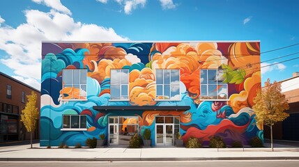 Vibrant street art mural with swirling blue and orange patterns on a building facade under a clear blue sky. - obrazy, fototapety, plakaty