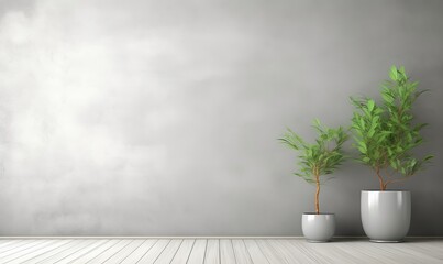 Interior background of room with gray stucco wall and pot with plant 3d rendering, Generative AI - obrazy, fototapety, plakaty