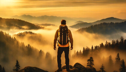 A young male hiker with mountain backpack on his shoulders, standing on a peak, admiring a beautiful mountain landscape at sunrise or sunset. Aerial view of a valley with fog and forest.