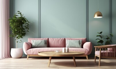 Pink sofa in modern living room. Contemporary interior design of room with mint wall and wooden coffee table. Home interior with poster. 3d rendering, Generative AI