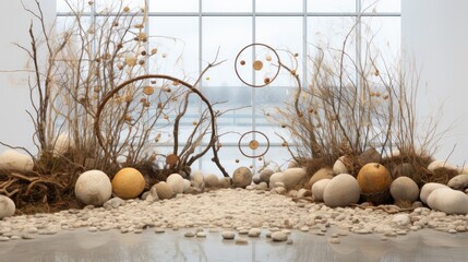 Sculptural art display with twig structures and hanging stone circles against a window.