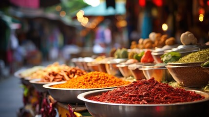 Fototapeta premium Heaps of aromatic spices and herbs displayed in an open-air market, with a bokeh effect of lights.