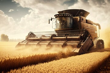 The combine mows wheat in the field. AI generated - obrazy, fototapety, plakaty