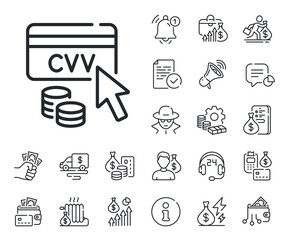 Credit card sign. Cash money, loan and mortgage outline icons. CVV code line icon. Online money symbol. CVV code line sign. Credit card, crypto wallet icon. Inflation, job salary. Vector