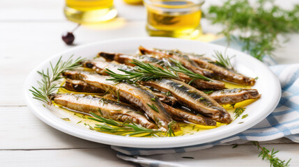 Anchovies marinated in olive oil and cooked at low temperature on a white plate.