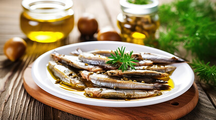 Fototapeta premium Anchovies marinated in olive oil and cooked at low temperature on a white plate.