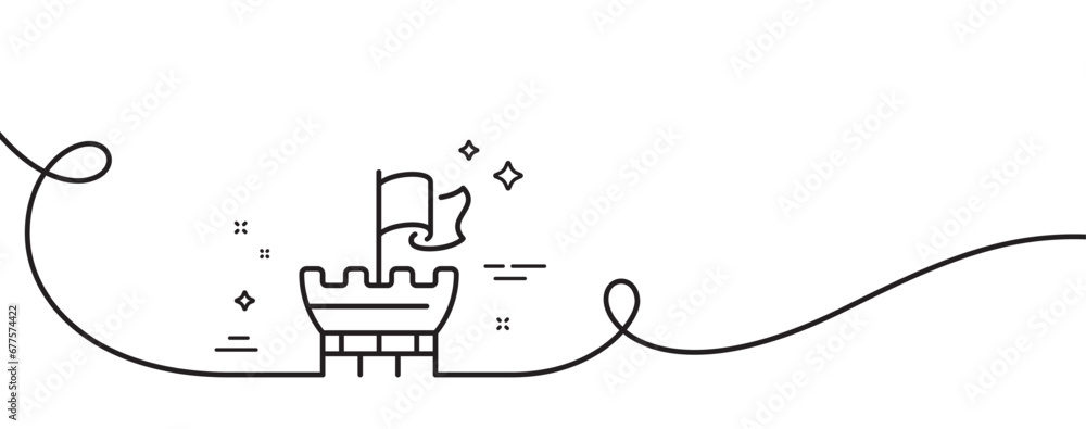Poster tower line icon. continuous one line with curl. castle flag sign. safe defence symbol. shield single