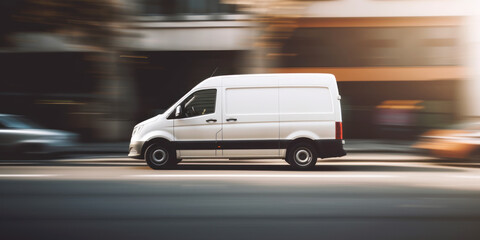 Obraz na płótnie Canvas white delivery van side view on blur city street background, moving minivan in urgent fast motion, concept of logistics, food merchandise commercial delivery or post service, banner with copy space