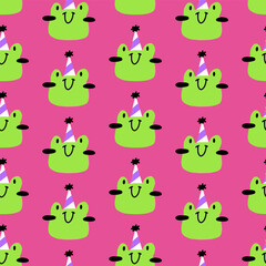 Cute frog pattern. Vector seamless pattern with kawaii characters on pink background