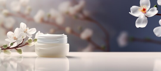 Cosmetic cream blank jar mock up with white flowers on light pastel background.
