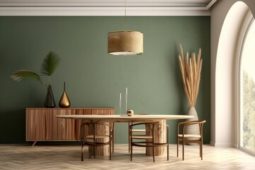 Interior design of modern dining room, marble table and wooden chairs. Wooden sideboard over green wall. Home interior with arch window. 3d rendering, Generative AI