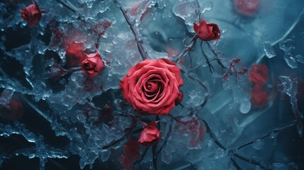 Many frozen red roses flower in ice background. Frozen fresh beautiful rose flower in the ice. Thawing flower. Frozen Floral background.