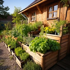 Wooden raided beds in modern garden growing plants herbs spices vegetables and flowers near a wooden house in the countryside - Generative AI - obrazy, fototapety, plakaty