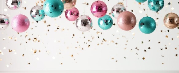 Glam New Years Eve or birthday party celebration background with golden balloons, disco balls, confetti. Festive wide web banner with disco balls, copy space - obrazy, fototapety, plakaty