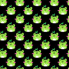 Cute frog pattern. Vector seamless pattern with kawaii characters on black background