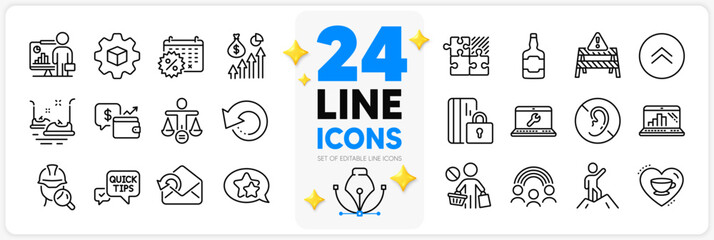 Icons set of Star, Inspect and Wallet line icons pack for app with Inclusion, No hearing, Warning road thin outline icon. Bumper cars, Laptop repair, Send mail pictogram. Puzzle game. Vector