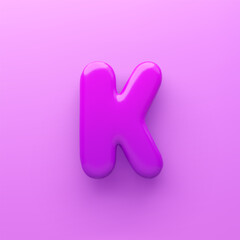 3D Purple letter K with a glossy surface on a purple background .