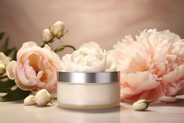 Cosmetic cream blank jar mock up with peonies flowers