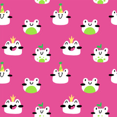 Cute frog pattern. Vector seamless pattern with kawaii white characters on pink background