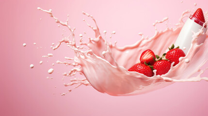 Milk splash with strawberries. Sweet dessert cream. Milkshake concept. Generative AI