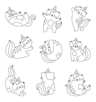 Cute kawaii cat unicorn. Coloring Page. Funny cartoon kitten. Hand drawn style. Vector drawing. Collection of design elements.