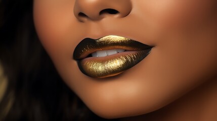 Macro closeup portrait photo of a young woman's full face, giggling, matte lipstick, gold eyeshadow, black eyeliner 
