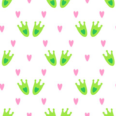 Cute frog pattern. Vector seamless pattern with kawaii characters on white background