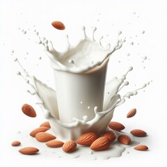 Almond Milk Splash, Close-up of milk, pouring, in glass, against, white background, Italy Almond milk splash, swirl with almonds, almond seeds, yogurt splash, Pouring almond milk, Generative AI