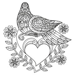 White dove and heart frame hand drawn for adult coloring book