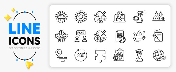 360 degrees, Place and Attention line icons set for app include Telemedicine, Fingerprint, Fake information outline thin icon. World weather, Cloud network, Coronavirus spray pictogram icon. Vector