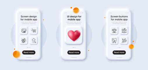 Fototapeta na wymiar Shopping cart, Increasing percent and Bankrupt line icons pack. 3d phone mockups with heart. Glass smartphone screen. Diamond, Payment method, Online job web icon. Vector
