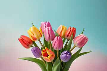 Obraz premium Beautiful bouquet of tulips on soft pastel background. Copy space