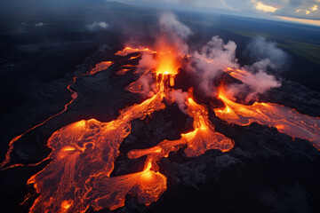 High aerial view of red hot lava flowing from a volcano
