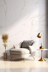 Interior of modern living room with brass coffee table and white armchair, empty marble wall. Home design. 3d rendering, Generative AI