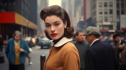 Candid street portrait featuring a stylishly dressed woman in mid-century New York