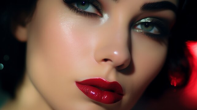 Macro Closeup portrait photo of a young woman's face, sixties retro glamour makeup, shiny glossy lipstick and smokey eyes, in a retro bedroom