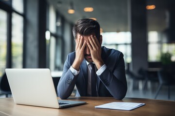 Tired businessman holding his head in hands.
