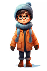 Cute Boy Dressed in Winter Clothes. Happy cartoon character. Realistic colorful isolated illustration on white background.