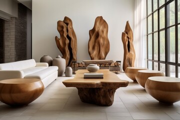 Interior design of modern living room with wooden and stone sculptures and live edge coffee table. Generative AI - obrazy, fototapety, plakaty