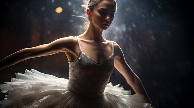 Close-up portrait of a ballerina in mid-performance, with high motion and dramatic lighting