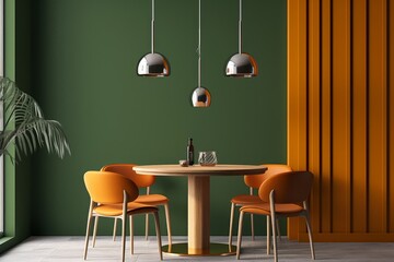 Interior design with wooden round table and chairs. Modern dining room with white wall. Cafe, bar or restaurant interior design. Home interior. 3d, Generative AI