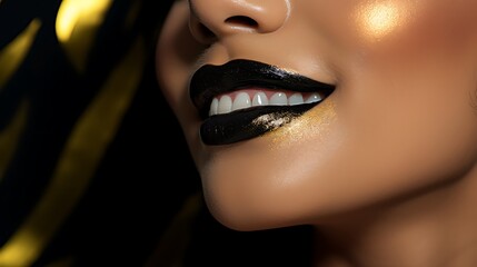 Fototapeta premium Macro closeup portrait photo of a young woman's full face, giggling, matte lipstick, gold eyeshadow, black eyeliner 