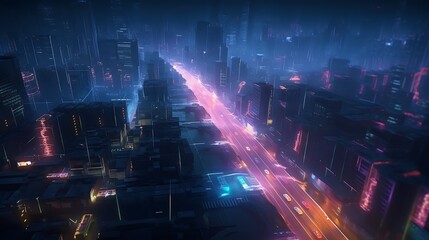A futuristic cityscape at night, neon lights reflecting on sleek skyscrapers, flying cars zooming past, a bustling city alive with technology, vibrant and energetic atmosphere, 3D Render - obrazy, fototapety, plakaty