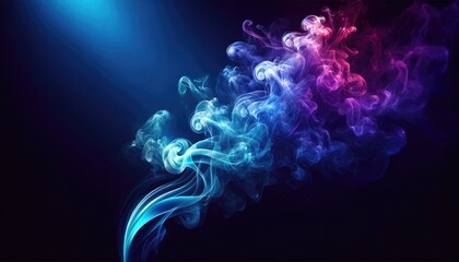 Mesmerizing dance of smoke, with wisps elegantly rising and intertwining, transitioning from deep blue to vibrant magenta against a dark, gradient background.